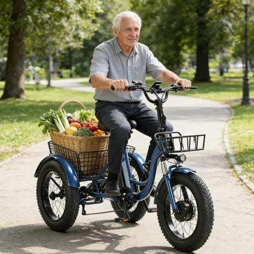 Triciclo elettrico per adulti, adatto a tutti i terreni, pneumatici larghi da neve 20×4.0, batteria rimovibile da 48V 13Ah, autonomia 30-40 km, doppi freni a disco, carico massimo 150 kg, colore blu.