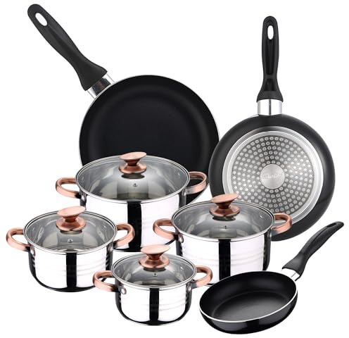 Batería de Cocina 4 cacerolas (1,9L + 2,7L + 3,5L + 5,1L) con 4 Tapas de Vidrio y 3 sartenes Ø16Ø20Ø24 en Acero Inoxidable apta para inducción