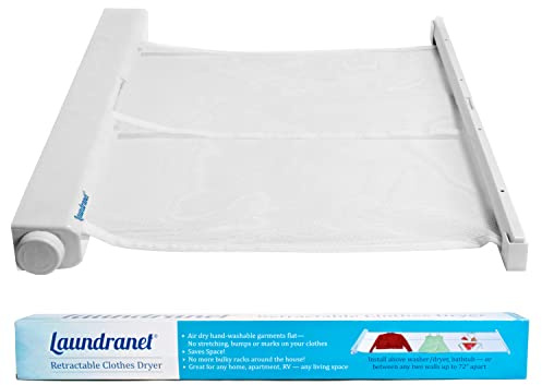 LAUNDRANET Retractable Clothes Drying Rack - Flat Hanging Mesh Drying for Delicate Clothes and Sweaters – Eliminate Bumps and Stretching from Hangers and Lines - 24 Wide and Opens Up to 72 - 1 Pack