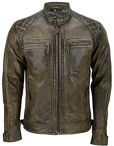Infinity Leather Chaqueta Clásica para Hombre de Cuero Acolchado Marrón Retro Vintage Estilo Motociclista M