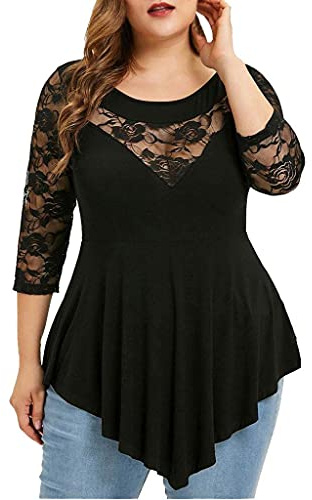 Haut Femme Sexy Decollete Transparent Dentelle Blouse Femme Chic et Élégant Soirée Grande Taille Tunique Été Casual Irrégulier Tee Shirt Manches 3/4 Col Rond Ample T Shirt Pas Cher (4XL, Noir)