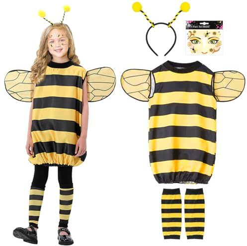 Sprinlot Déguisement Abeille Enfant, Jaune Robe Rayée 130cm, Abeille Bandeau, Costume d'Abeille avec Ailes, Abeille Costumes pour Carnaval Cosplay Animaux Fête