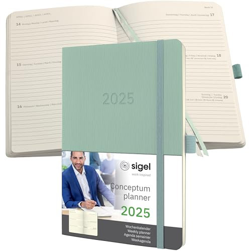 SIGEL C2538 Wochenplaner Wochenkalender 2025, ca. A5, grün, Softcover, 192 Seiten, Gummiband, Stiftschlaufe, Archivtasche, aus nachhaltigem Papier, Conceptum