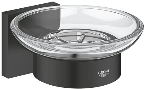 GROHE Start Cube QuickFix Soap Dish with Holder (Material: Glass & Metal, Wall Mounted, Concealed Fastening, with Screws & Dowels), Size 125 mm, Easy to Fit with GROHE QuickGlue, Matt Black, 410962430