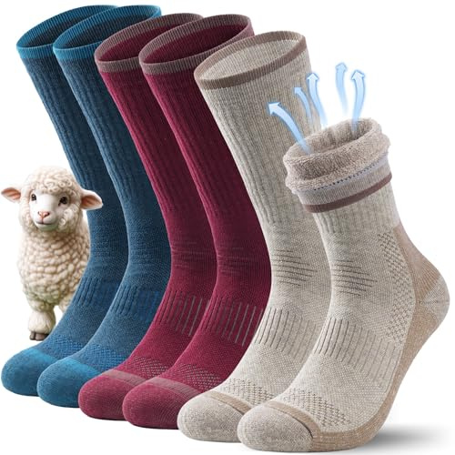 TANSTC Merino Wintersocken Damen 39-42 Warme Wandersocken Arbeitssocken Elastizität Kuschelsocken Thermosocken Outdoor Dicke Tennissocken Sneaker Socken Herren Trekkingsocken, 3 Paar Mehrfarbig M
