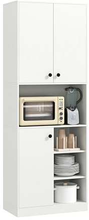 COSTWAY Buffet Cuisine, Meuble Cuisine Rangement 166 cm, 3 Placard, Double Porte, 5 Etagères, Kits Anti-Basculement, Vaisselier Colonne, Armoire (Blanc)