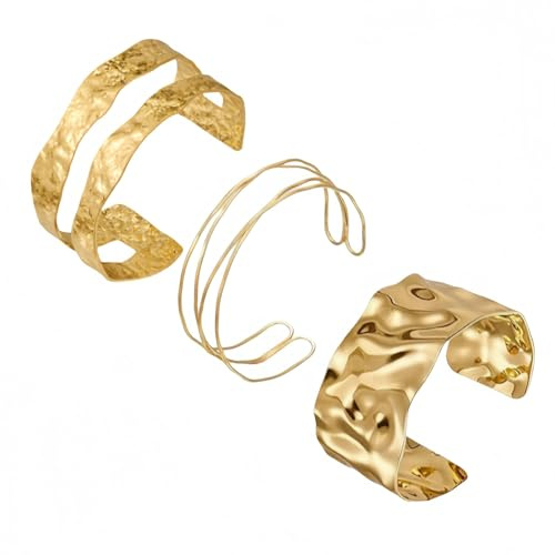 Omnikryp 3 Piezas Brazalete Dorado, Sencillas Exquisitas Pulsera Dorada Mujer, Ajuste Abierto Metálicos Brazaletes de Brazo, Accesorios de Moda, Pulseras de Moda y Versátiles, Complementos de Vestir