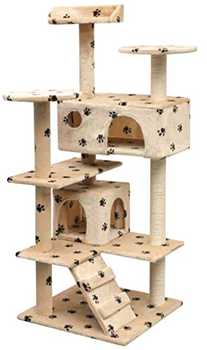 Ziaphsol Arbre à chat 125 cm beige avec imprimé de pattes - Cadre en bois - Colonnes à gratter en sisal - 2 maisons - Plateformes pour grimper et se reposer - Pour chats