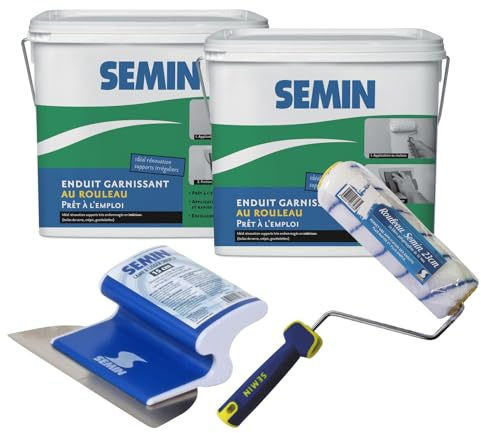 Semin A06288 Enduit Garnissant pour la Rénovation des Supports très Endommagés, Intérieur, Seau de 10 kg (Lot 2), A06723 Rouleau pour Enduire, 23 cm, A06318 Lame pour Lisser, 15 cm