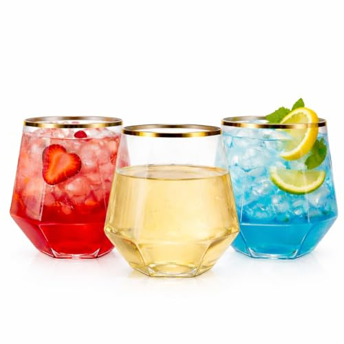 40 count Diamond Unbreakable Stemless Plastic Wine Champagne Whiskey Glasses Elegant Durable Disposable Indoor Outdoor Ideal for Home, Office, Bars, Wedding, 12 Ounce Cups Gold Rim (Gold)