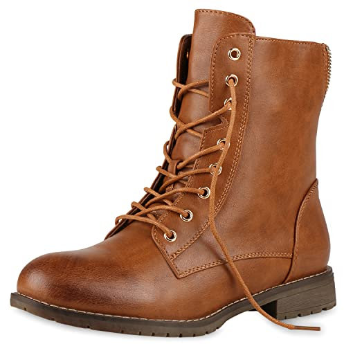VAN HILL Damen Schnürstiefeletten Profil Sohle Stiefeletten Leder-Optik 150111 Braun 39