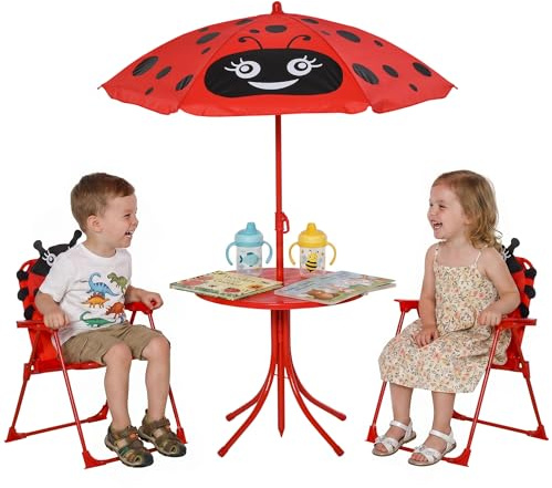 Outsunny Set de Mesa y Sillas Infantil de Jardín Conjunto de Picnic Plegable para Niños Juego de Mesa con Sombrilla Ajustable en Altura de 100-125 cm Diseño de Mariquita Rojo