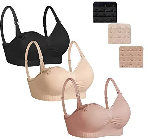 Dreamburn amnings-BH för moderskap 1/2/3-pack trådlös sömlös amningsbehåar 4 rader justera krok med avtagbara spillförebyggande dynor lägg till förlängare bekväm, Svart+beige+ rosa2 Ⅱ, L