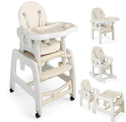 LIFEZEAL 5 in 1 Babyhochstuhl, Mobiler Babystuhl mit Schaukelfunktion, Kinderhochstuhl mit Abnehmbarem Doppeltablett & Fußstütze, Kombihochstuhl mit Sicherheitsgurt, ab 6 Monate (Beige)