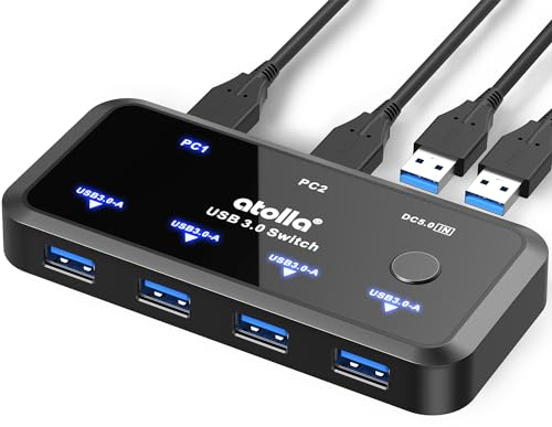 Atolla USB 3.0 Switcher 2 In 4 Aus, 2PC USB Switch mit 2 USB 3.0 A auf A Kabeln fur Tastatur, Maus, Drucker, Scanner, USB Sticks usw.