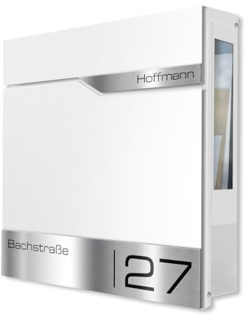 Metzler Boîte aux Lettres Blanche RAL 9016 avec fenêtre de visualisation et Compartiment journaux – Murale avec Plaque Nominative INOX personnalisée gravée – étanche et Robuste | Siebert SF