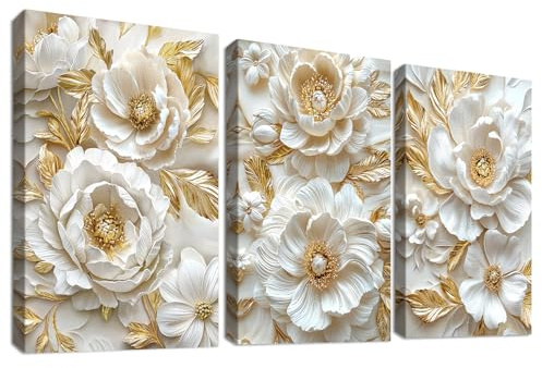 3 Pcs Wooden Framed Canvas Wall Art Canvas Prints Beige Gold 3D Peonies Flowers Painting Luxury Floral Cameo Pictures for Living Room Bedroom Bathroom Hallway Home Wall Decoration 50x70 cm x3pcs