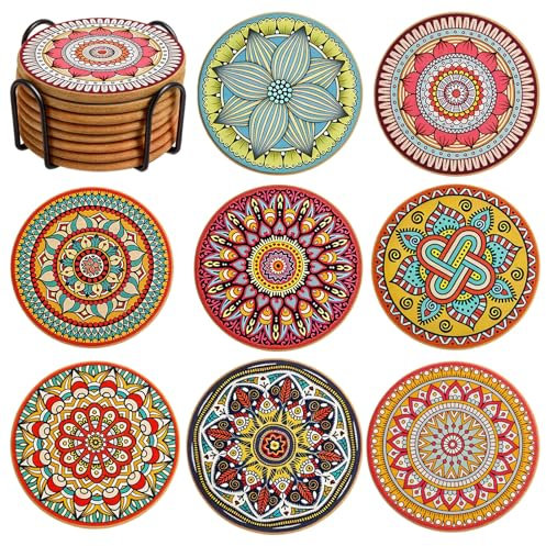 Lot de 8 dessous de verre colorés en liège avec support, dessous de verre bohème pour appartement, maison, bar, bureau, décoration mignonne