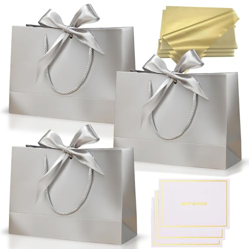 3 pièces Sacs Cadeau Argent,Pochettes Cadeau en Papier Moyen avec Anse,Emballage Cadeaux avec Ruban d'Arc 3 Cartes 6 Mouchoirs,pour Anniversaires Mariages Fêtes Noël Paquet Luxe Elégantes