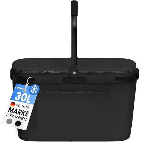 Cottara® Thermo Einkaufskorb Kühltasche groß | isolierter Einkaufskorb mit Deckel, verstärktem Boden, Frontfach mit Reißverschluss | Ideal als Kühlkorb oder Picknick Korb (Schwarz)