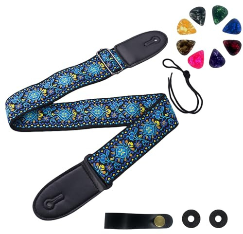 VINPAM Vintage Guitar Strap - Jacquard Embroidery Cotton with Leather Ends for Acoustic, Electric & Bass Guitars, Gibson-Style | inc. Strap Locks, Buttons & 3 Plectrums (Blue)