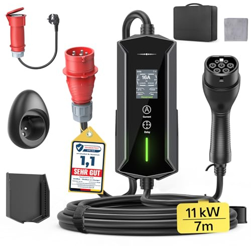 Mobile Wallbox 11kW Typ 2 Ladekabel - 7m|6-16A|3-phasig EV Ladegerät Wasserdicht mit Einstellbarer Ladeleistung, Einstellung Startzeit, CEE 16A auf Typ 2 Ladekabel, für Allen EVs(IEC 62196-2) & PHEVS