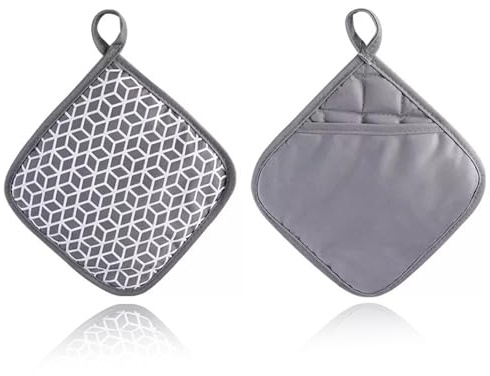 2 Stück Topflappen Baumwolle, 20 x 20 cm Hitzebestaendig Topflappen, Gegen Hohe Hitze Kitchen, Waschbare und Rutschfesten für Öfen, Kuche Backe, Graue Geometrische Formen
