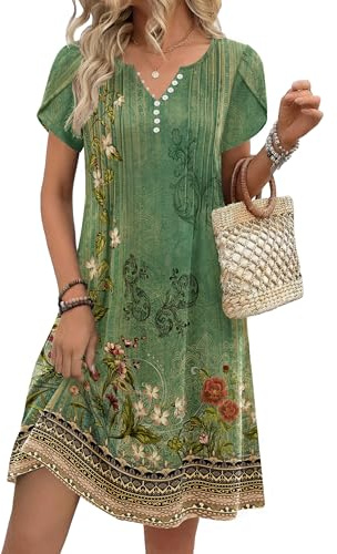 Zeagoo Vestito da Donna Elegante Maniche Corte Abito Estivo Donna Casual Scollo a V A Line Vestito al Ginocchio con Tasche Fiori Giallo-Verdi XL