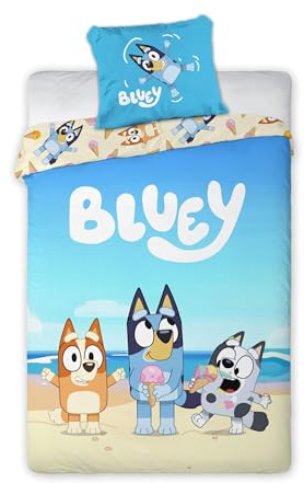 BrandMac Bluey Set di biancheria da letto per Bambini | Copripiumino 140x200 cm con federa 50x70 cm | Set di biancheria da letto ufficiale Bluey | Motivo a fumetti blu per letti singoli per bambini