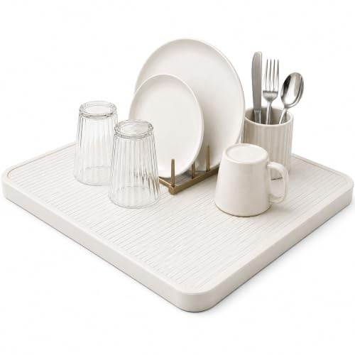 HOVENA Escurreplatos Diatomita Premium 60 x 39 cm, Alfombrilla Escurreplatos Cocina de Piedra Diatomita 1 cm de Grosor, Secado Rápido, Piedra Absorbente para Platos, Vasos y Cubiertos, Blanco
