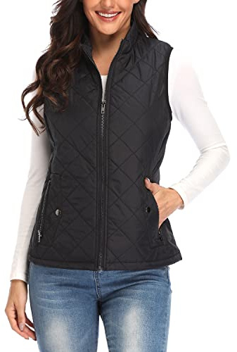 Argstar Women's Quilted Puffer Vest with 4 Pockets, Stand Collar Lightweight Zip Padded Outerwear Gilet Black L