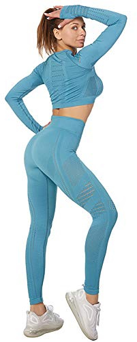 Jamron Donna Set di Abbigliamento Yoga Top Corto+Ghette 2 Pezzi Tuta Sportiva Palestra Fitness Activewear Blu SN05405 M