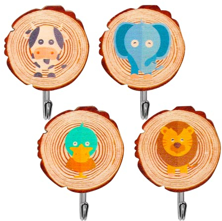 Johiux 4 Stücke Selbstklebender Haken aus Holz,Klebehaken Kinder Kleiderhaken,Wandhaken,Selbstklebende Kinderkleiderhaken werden für Handtücher, Rucksäcke, Mützen und Mäntel verwendet.