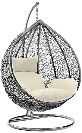 Rattan Swing Egg Chair with Stand Outdoor Indoor Garden Patio Hanging Egg Chair with Cushion (Grey Egg Chair & White Cushion)