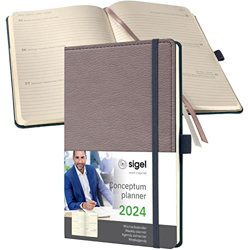Sigel C2451 Möteskalender veckokalender 2024, läderutseende, ca A5, taupe- inbundet lock, 192 sidor, gummiband, pennslinga, arkivväska, PEFC-certifierad, konceptum