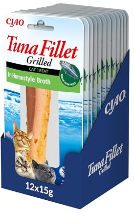 INABA Filetti di Tonno Grigliato per Gatti, in Brodo Fatto in Casa - Snack Gatto Ricco di Antiossidanti Senza Conservanti o Coloranti Artificiali, Grain-Free - Cibo per Gatti, 12 Filetti x 15g
