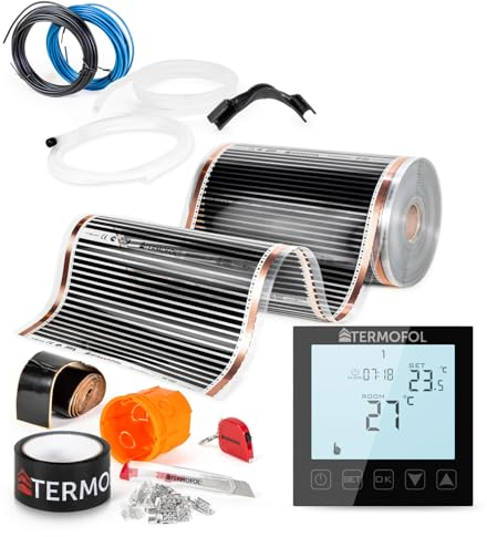 Termofol Calefacción eléctrica por suelo radiante 230 V – con termostato H1 negro – Potencia 80 W/m2 – Superficie 2 m² – Calefacción por suelo radiante eléctrico Juego completo para calefacción de