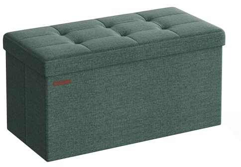 SONGMICS Sitzhocker mit Stauraum, klappbare Sitzbank, 76 x 38 x 38 cm | Fußbank, Aufbewahrungsbox, bis 300 kg belastbar, Waldgrün und Tintenschwarz, MINOTA Kollektion LSF047C01