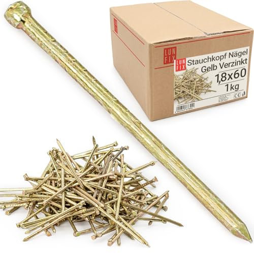 Lun Fix Chiodi in acciaio da 1,8 x 60 mm (1 kg), gialli con testa di immersione, chiodi in legno per lavori di costruzione, chiodi zincati, lunghezza 60 mm, a testa svasata per decorazione domestica,