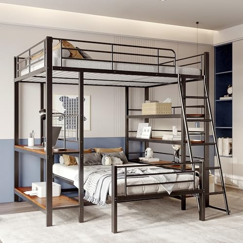 Kebnor Litera con estructura de metal, cama alta multifunción, con varios compartimentos (negro, 140 x 200 cm)