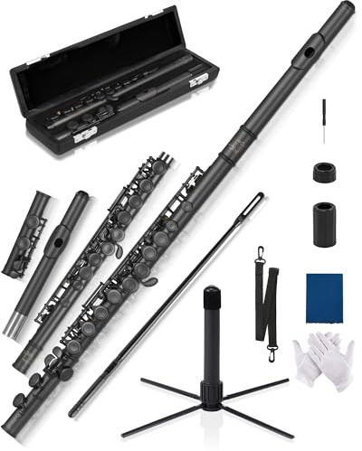 AKLOT Closed-Hole Concert C Flute: Flute Instrument with 16 Keys, Offset G, Smooth Black Nickel Keys, Air-Tight Pads, Include Stylish Leather Hard Case, Cleaning Kit, Stand, Gloves (LUM-MB)