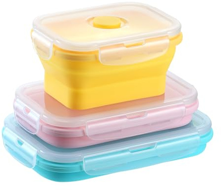 Zourglow 3 Pezzi Contenitori Pieghevoli per Alimenti, Pranzo del Silicone | Portable Set Contenitori Silicone per Alimenti Picnic Campeggio Ufficio, 350+550+800 ml